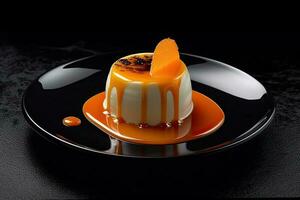 marvelous tasty orange pudding on a plate, black background, illustration, generative ai photo