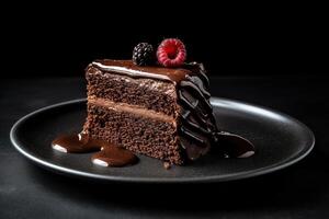 dark chocolate cake on a plate, black background, illustration, photo