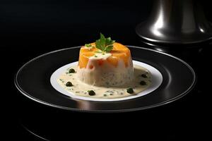 delicious fish pudding on a plate, black background, illustration, photo