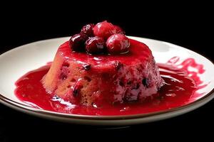 delicious cranberry pudding on a plate, black background, illustration, photo