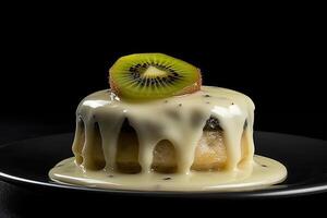 marvelous kiwi pudding on a plate, black background, illustration, photo