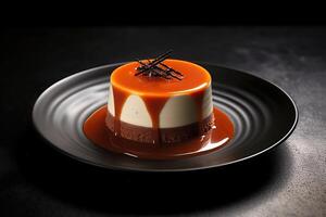 marvelous coffee pannacotta on a plate, black background, illustration, generative ai photo