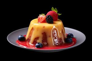 fruit pudding on a plate, black background, illustration, photo
