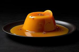 marvelous orange pudding on a plate, black background, illustration, photo