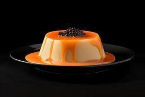 tasty papaya pudding on a plate, black background, illustration, photo