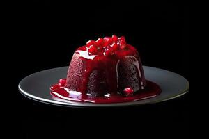 marvelous pomegranate pudding on a plate, black background, illustration, generative ai photo