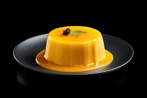 tasty mango pudding on a plate, black background, illustration, photo