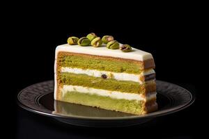 tasty pistachio cake on a plate, black background, illustration, photo