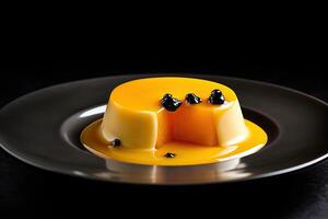 marvelous mango pudding on a plate, black background, illustration, photo