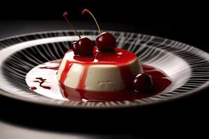 cherry pannacotta on a plate, black background, illustration, photo