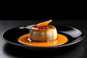 delicious tasty orange pudding on a plate, black background, illustration, photo