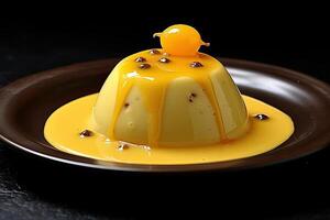 tasty maracuja pudding a plate, black background, illustration, photo