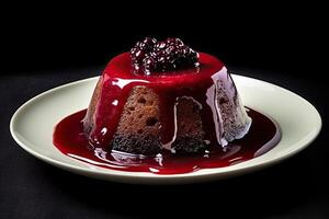 marvelous currant pudding on a plate, black background, illustration, photo