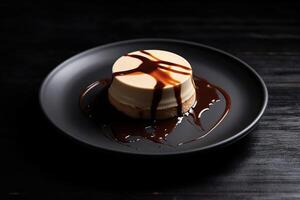 delicious coffee pannacotta on a plate, black background, illustration, photo