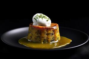 marvelous zucchini pudding on a plate, black background, illustration, photo