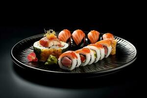 Sushi en un lámina, negro fondo, ilustración, generativo ai foto