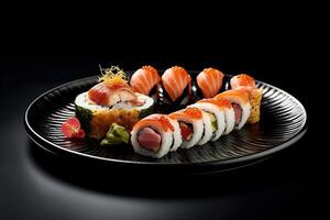 sushi on a plate, black background, illustration, photo