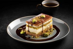 delicious pistachio tiramisu on a plate, black background, illustration, generative ai photo