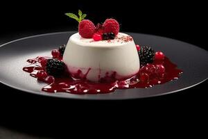 tasty raspberry pannacotta on a plate, black background, photo