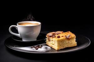 marvelous focaccia genovese and cappuccino pudding on a plate, black background, illustration, photo