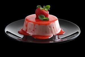 marvelous strawberry pudding on a plate, black background, illustration, photo