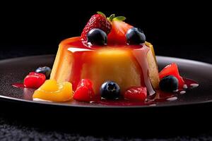 marvelous fruit pudding on a plate, black background, illustration, generative ai photo