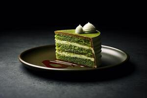 marvelous matcha cheesecake on a plate, black background, illustration, photo