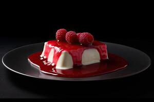tasty raspberry pudding on a plate, black background, illustration, photo