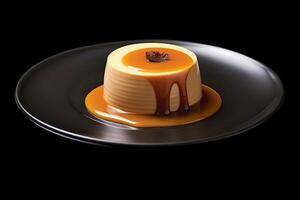 beautiful brown pannacotta on a plate, black background, illustration, generative ai photo