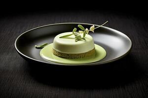 tasty matcha pannacotta on a plate, black background, illustration, photo