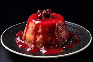 cranberry pudding on a plate, black background, illustration, generative ai photo