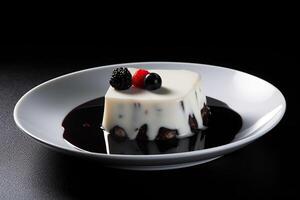 delicious isomalt pudding on a plate, black background, illustration, photo