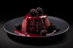 mulberry pudding on a plate, black background, illustration, photo
