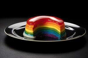 rainbow pudding on a plate, black background, illustration, generative ai photo