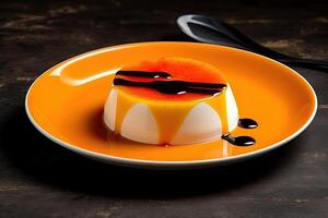 delicious orange pudding on a plate, black background, illustration, photo