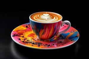 marvelous colorful cappuccino on a plate, black background, illustration, photo