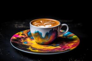 marvelous colorful cappuccino on a plate, black background, illustration, photo