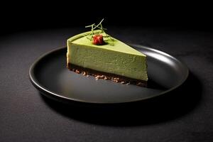 matcha cheesecake on a plate, black background, illustration, photo