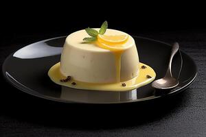 beautiful lemon pannacotta a plate, black background, illustration, photo