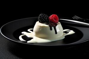 tasty white chocolate pudding on a plate, black background, illustration, photo