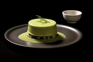 green pannacotta on a plate, black background, illustration, photo