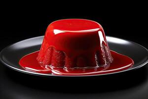 marvelous red pudding on a plate, black background, illustration, generative ai photo