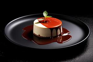 marvelous chocolate pannacotta on a plate, black background, illustration, photo