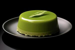 fresh matcha pannacotta on a plate, black background, illustration, photo