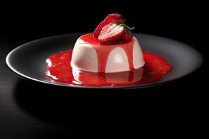 tasty strawberry pannacotta on a plate, black background, illustration, photo