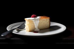delicious yogurt cake on a plate, black background, illustration, photo