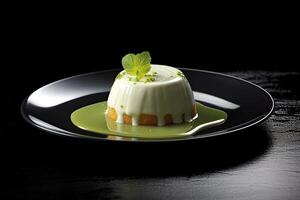 tasty lime pannacotta a plate, black background, illustration, photo