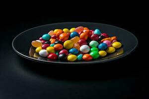 marvelous colorful candies on a plate, black background, illustration, generative ai photo