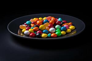 marvelous colorful candies on a plate, black background, illustration, photo