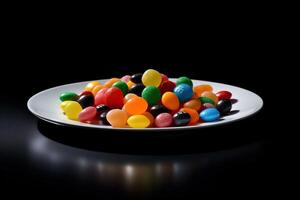 marvelous colorful candies on a plate, black background, illustration, photo